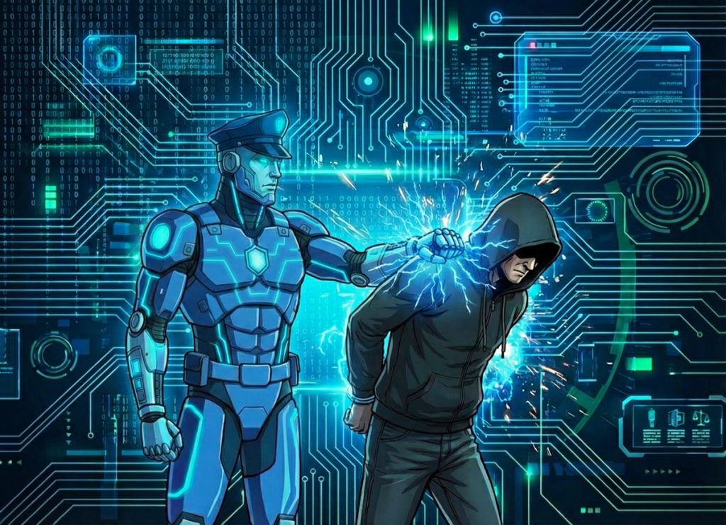 Cyber security guard arresting a cyber criminal 