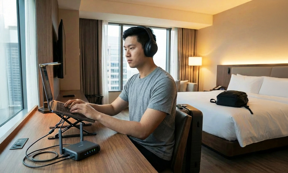 man in hotel room with laptop 
